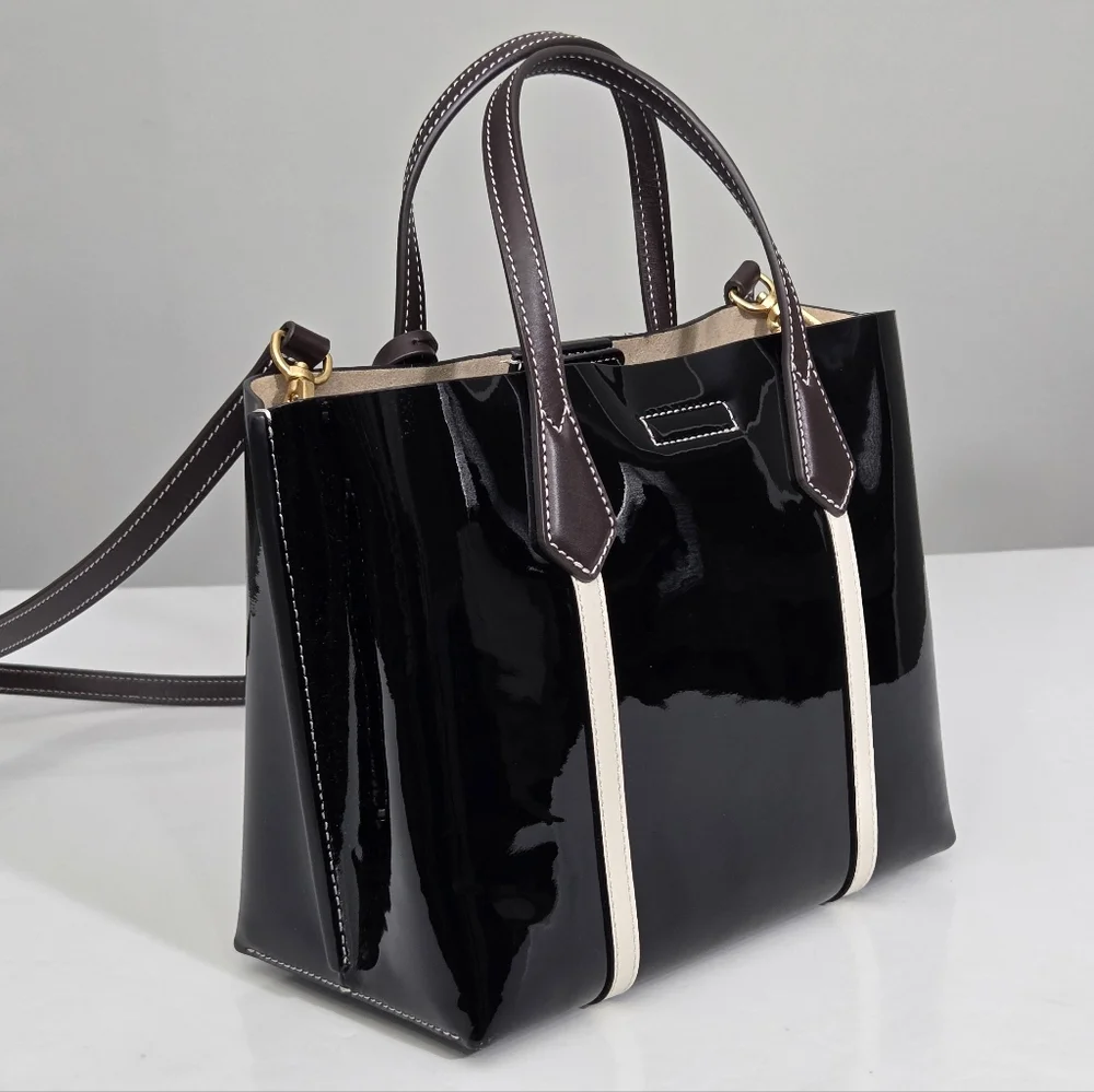 EXCELLENT TORY BURCH PERRY PATENT SMALL TRIPLE COMPARTMENT TOTE BAG - BLACK
